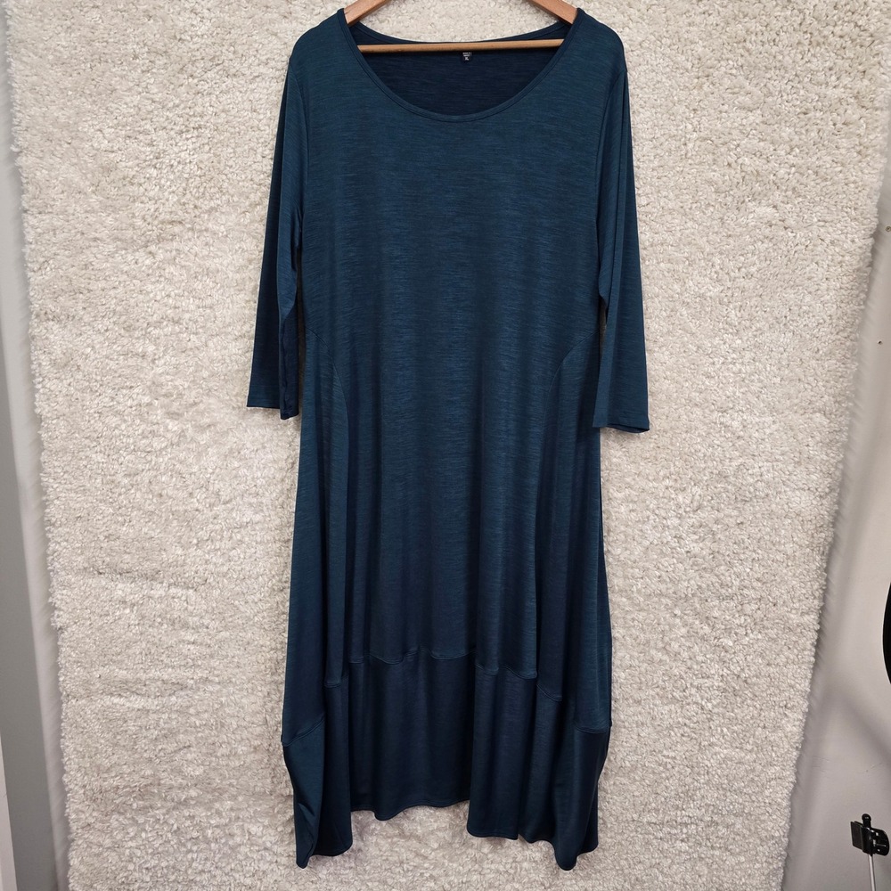 Kozan Midi Dress Women's XL Green Blue 3/4 Sleeve Lagenlook Banded Hem Stretch